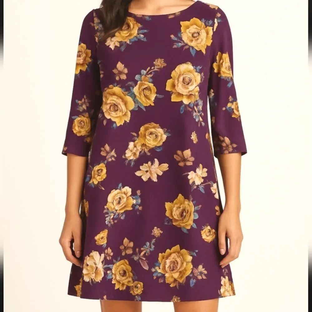 Everly Purple Floral 3/4 Sleeve Dress - Size Medium